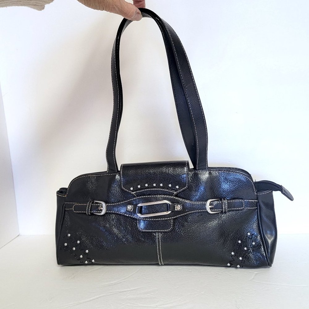 REAL Leather Purse Bag, Dark BROWN, Long Slim Shoulder Straps, Silver Trim, EUC